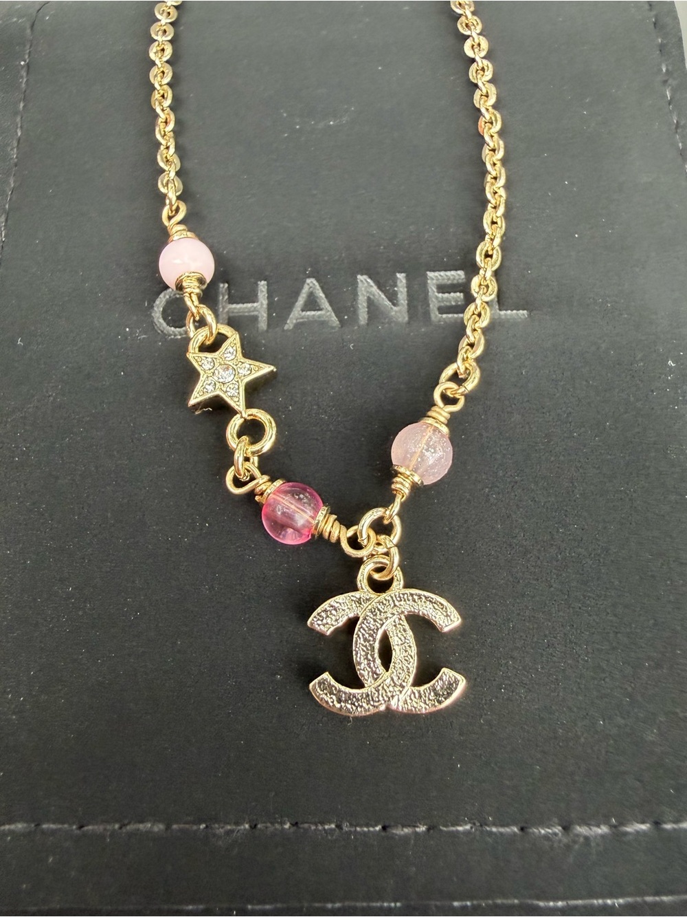 Luxury Gold Toned Necklace with Pink Beads and CC Charm